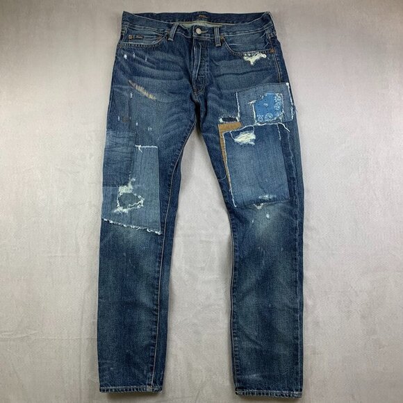 Ralph Lauren Polo Mens 33 Blue Distressed Jeans Sullivan Slim Patchwork 33x32 - Picture 1 of 16
